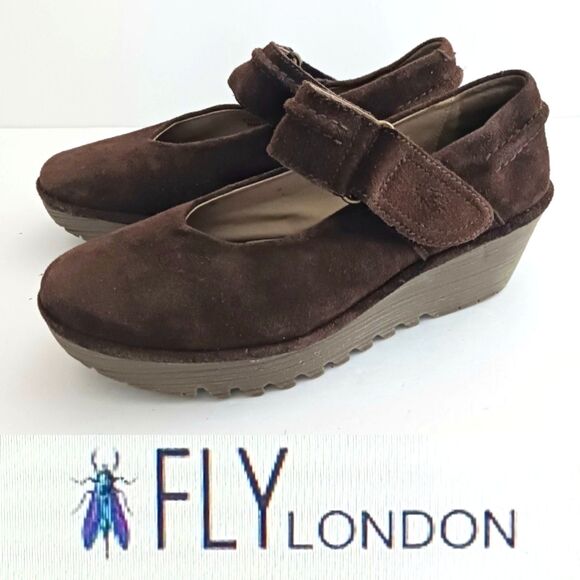 Fly London Robi Chunky Mary Jane Wedge Dk Chocolate Brown Suede EU 39 US 8-8.5 - Picture 1 of 12
